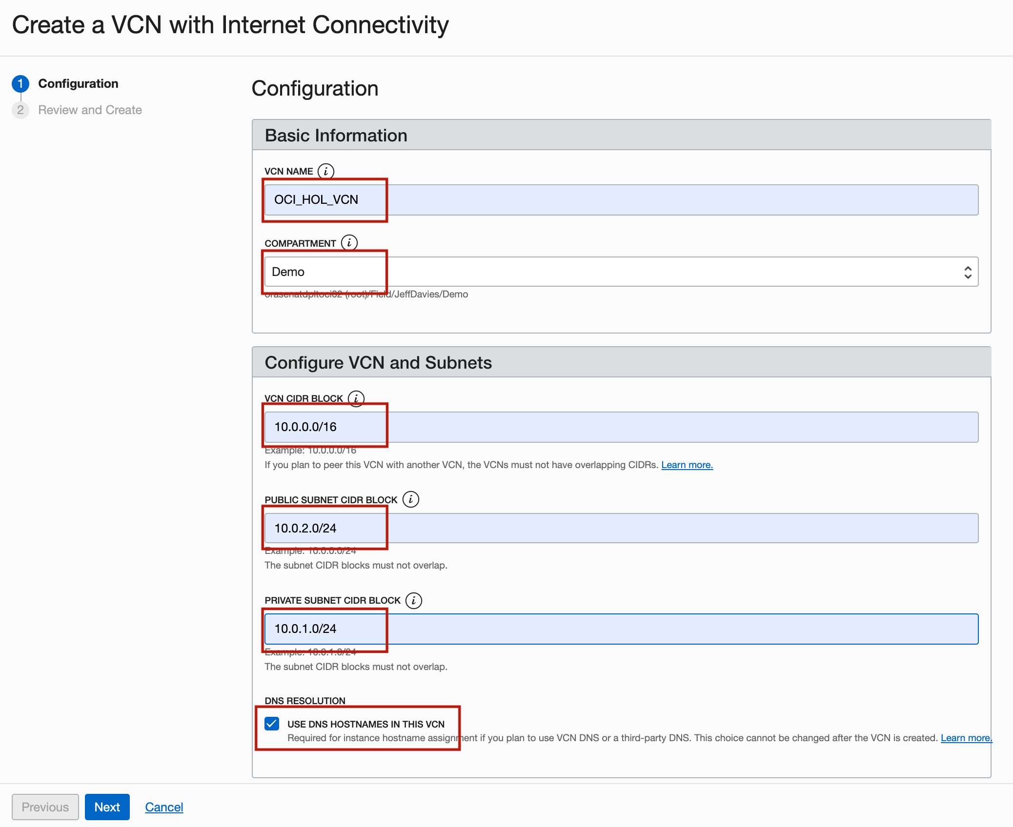 Create a VCN Configuration